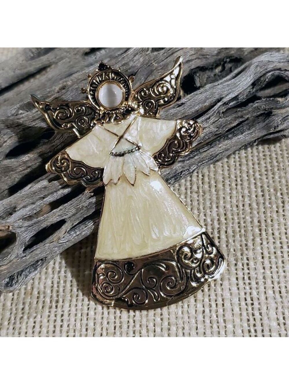 New Vintage Christmas Angel Gold Cream White Black Enamel Sweater Pin Brooch